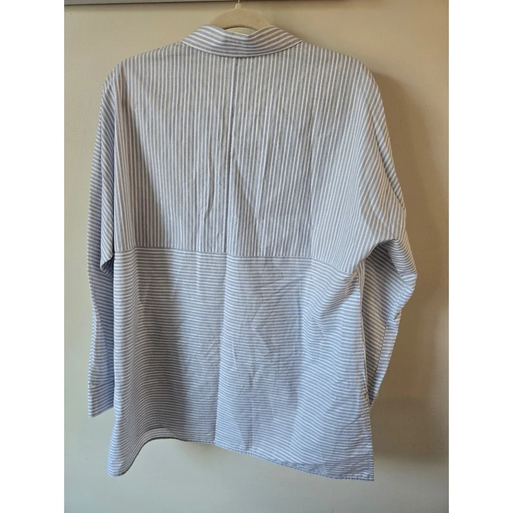 Lafayette 148 New York Blue White Striped Metallic Cotton Button Down Shirt M - Picture 2 of 7